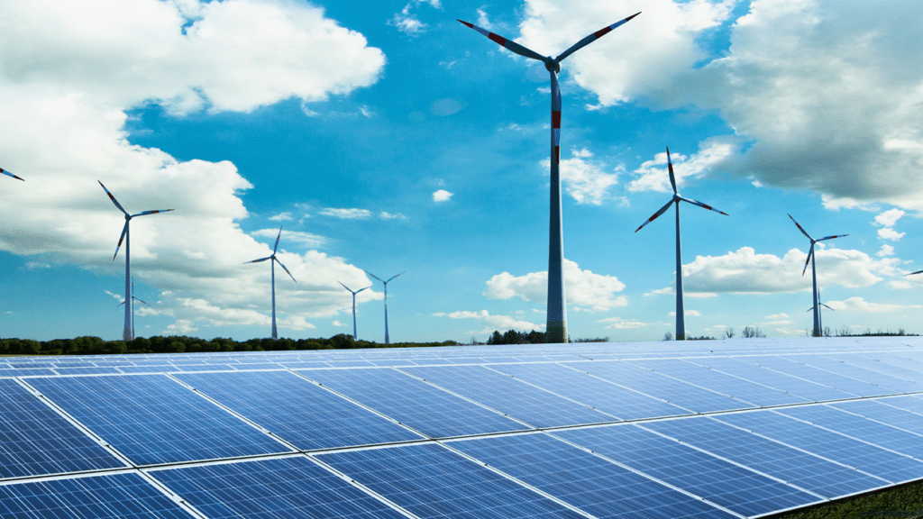 Windmills and solar panels in the foreground, clear skies in the background.