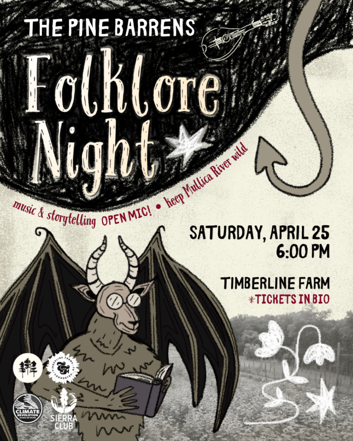 Poster for the Pine Barrens Folklore Night, featuring a mammal with wings and horns reading a book in the foreground.